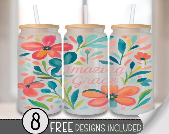Wildflower Glass Wrap, Dainty Floral 16 Oz Glass Can Wrap PNG, Amazing Grace 16 oz PNG, Boho Floral Glass Can Sublimation Wrap Design, A230