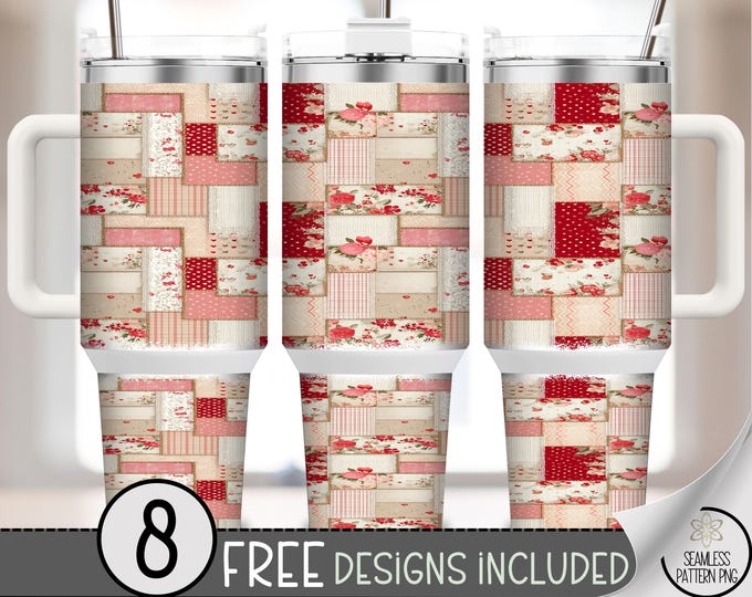 Spring Floral Tumbler Wrap 40oz, Cottagecore Floral Sublimation Design, Patchwork Quilt-Style PNG Files, Shabby Chic Tumbler, B10049