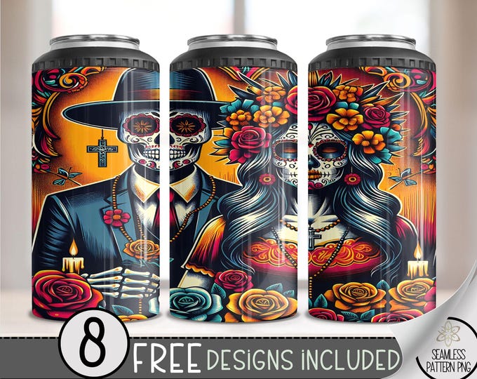 LA Chicano Girl Couple Cholo Couple 4in1 Can Cooler Wrap, Floral 4 in 1 Tumbler PNG, LA Sugar Skull 16 Oz Can Cooler Sublimation Design