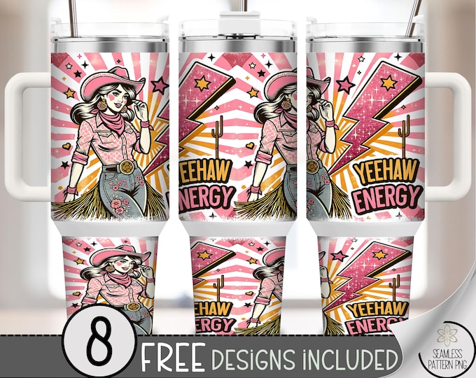 Yeehaw Energy 40oz Tumbler Wrap PNG, Retro Cowgirl Lightning Bolt Design, Western Glam Pink Sublimation Wrap, A329