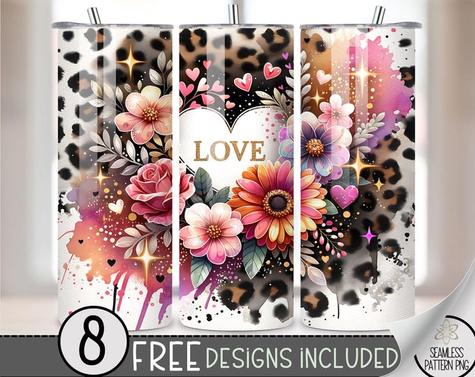 Leopard Love 20 oz Tumbler Wrap, Cute Animal Print, Leopard Floral 20 oz Skinny Tumbler File, Seamless Tumbler Sublimation Design, A186