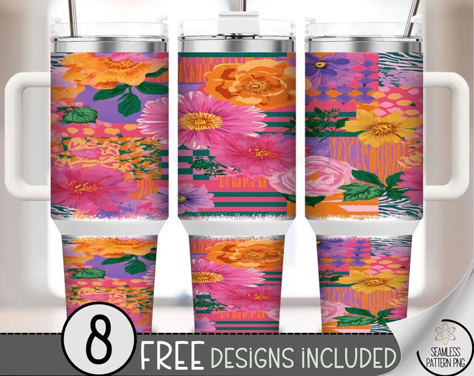 Floral Patchwork 40oz Tumbler Wrap, Boho Sublimation Design, Digital Download, B10477