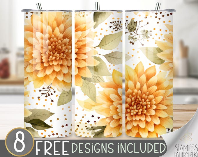 Autumn Floral Tumbler Wrap, Fall Dahlia Seamless Design, Autumn Flower Sublimation Tumbler Design PNG, Chrysanthemum 20 OZ Skinny Wrap PNG