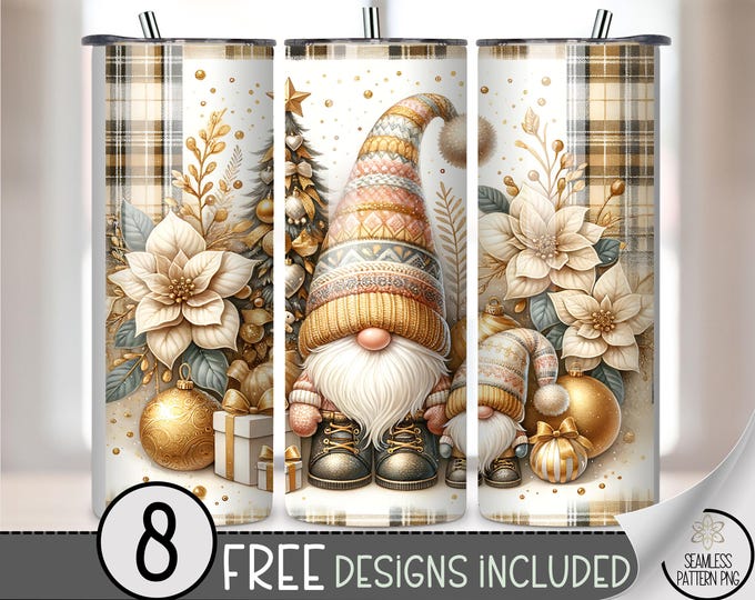 Christmas Gnomes 20 oz tumbler wrap, Gold-Themed Gnome Sublimation Design for Skinny Tumblers, Xmas PNG Files with Flowers A560