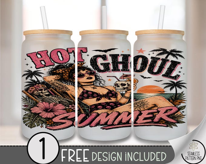 Hot Ghoul Summer Glass Can Wrap, 16 oz Tumbler Sublimation Design, Retro Pin-Up PNG File, Digital Download, B10351
