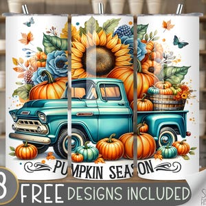 Pumpkin season tumbler wrap, sunflower tumbler design, farm 20 oz tumbler wrap, fall truck tumbler PNG, pumpkin truck tumbler file, autumn
