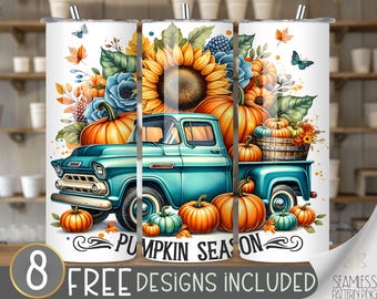 Pumpkin season tumbler wrap, sunflower tumbler design, farm 20 oz tumbler wrap, fall truck tumbler PNG, pumpkin truck tumbler file, autumn