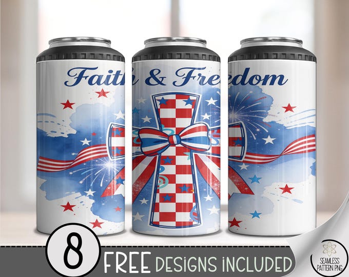 Patriotic Faith & Freedom 4-in-1 Can Cooler Wrap, Cross Sublimation Design, Americana 16 oz 4-in-1 File, Digital Download, B10163