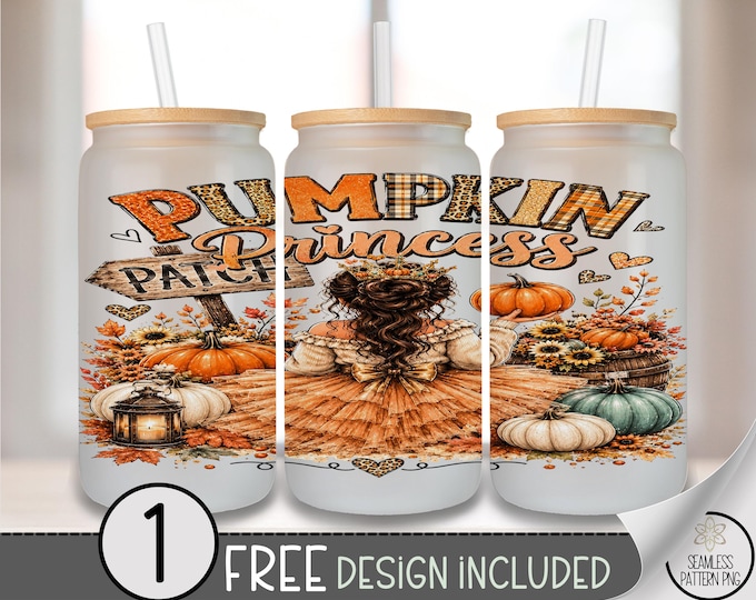Pumpkin Princess Patch Glass Can Wrap, 16oz Tumbler Sublimation Design PNG, Digital Download, B10334