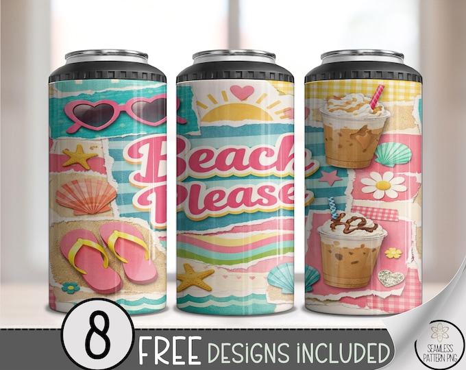 Beach 4-in-1 Can Cooler Wrap, Beach Please Sublimation Design, Summer 16 oz 4-in-1 File, B10219