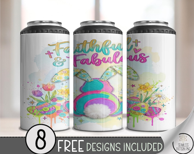 Easter Bunny PNG, 4-in-1 Can Cooler Wrap, Pastel Watercolor Sublimation Design, B900