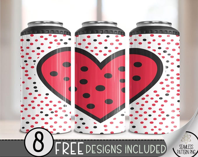 Seamless Valentine's Day 4 in 1 Can Cooler Wrap, Simple Heart 4in1 Tumbler PNG, Heart Pattern 16 Oz Can Cooler Sublimation Design, Vday Love