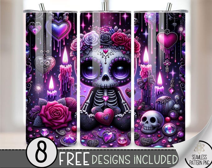 Voodoo Doll Tumbler Wrap, Skeleton Tumbler Wrap, Gothic Tumbler Wrap, Cute Skull 20Oz Skinny Tumbler, Rag Doll Sublimation Tumbler Design