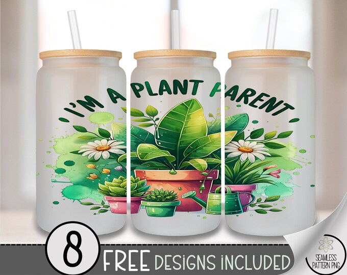 Plant Parent PNG, Botanical Houseplants Glass Can Wrap Design, 16Oz Tumbler Sublimation Digital Download, B828