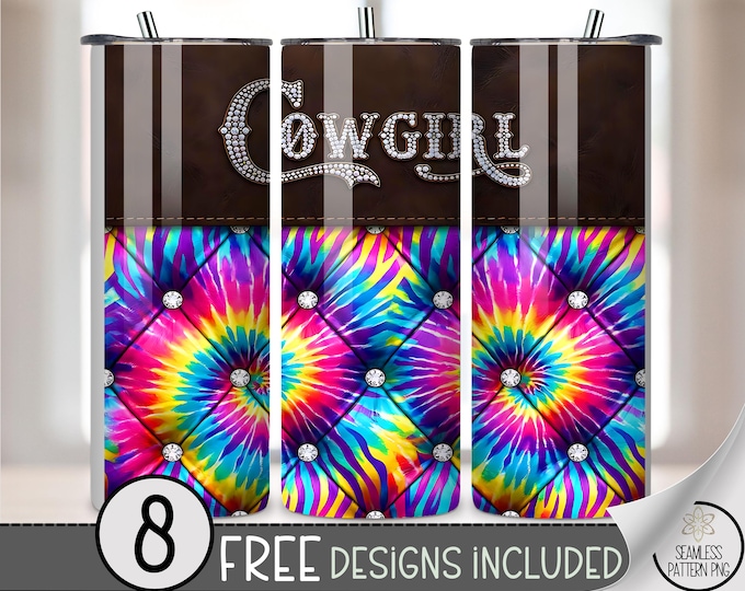 Cowgirl Tumbler Wrap PNG, Glam Tie-Dye Sublimation Design, Digital Download, B987