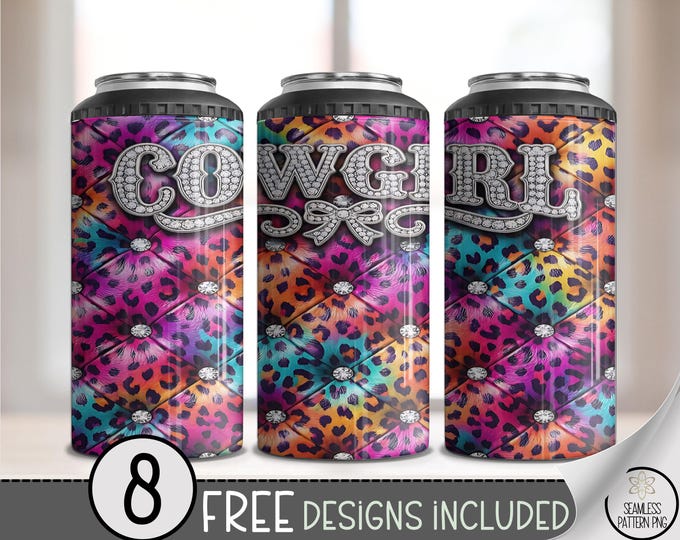 Cowgirl PNG, Rhinestone Bling 4-in-1 Can Cooler Sublimation Design, Rainbow Theme, Digital Download, B979