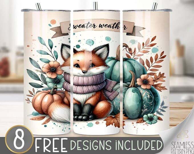 Fall Fox Tumbler Wrap, Sweater Weather 20oz Sublimation Design,Autumn Pumpkin Digital Download,Cozy Season Tumbler Template Boho Tumbler PNG