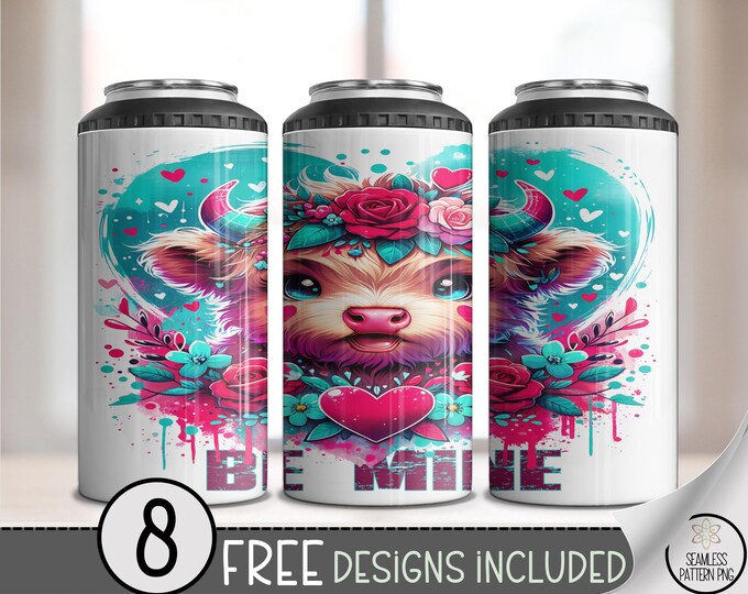 Be Mine 4in1 Can Cooler Wrap, Cute Playful Sublimation Design, Colorful 16 oz 4-in-1 File with Cute Cow, Floral Accents, Hearts A651