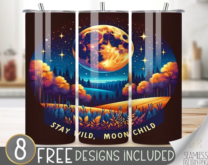 Stay Wild Moon Child Tumbler Wrap, Full Moon Tumbler File, Celestial Forest 20oz Tumbler Wrap Design, Night Sky Nature Sublimation Template