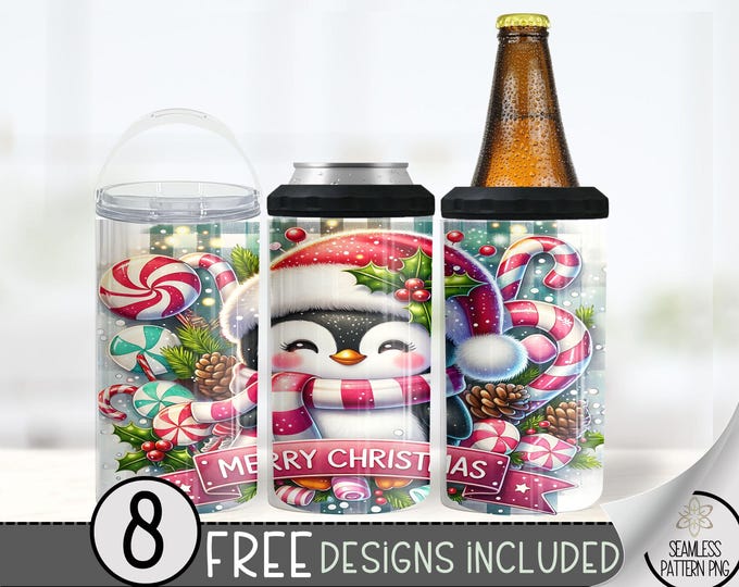 Christmas Penguin 4in1 Can Cooler Wrap, Xmas 4 in 1 Tumbler PNG, Cute Penguin Christmas 16 Oz Can Cooler Sublimation Design, Plaid Candy PNG