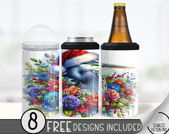 Christmas Bird 4in1 Can Cooler Design, Blue Heron Sublimation Design, Floral 4 In 1 Can Cooler, Santa Hat 16 oz Can Holder Design Wrap