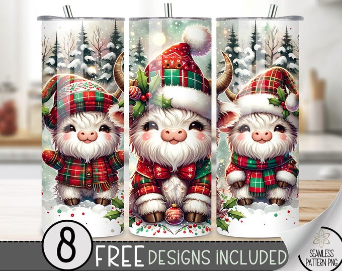 Christmas Highland Cow Tumbler Wrap, Winter Sublimation Design, Xmas 20 Oz Skinny, Christmas Plaid Tumbler Wrap Png, Christmas Tumbler PNG
