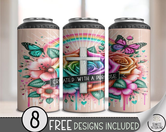 Floral and Cross 4-in-1 Can Cooler Wraps, Colorful Inspirational Designs, Butterfly and Flower Art, Christian Can Cooler Wrap, A471