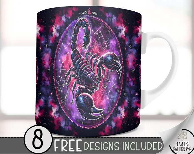 Scorpio 11Oz Mug Template, Coffee Mug Png, 11 Oz Mug Wrap, Zodiac Mug, Astrology Mug Sublimation Designs,Seamless Zodiac Sign, Tie Dye PNG
