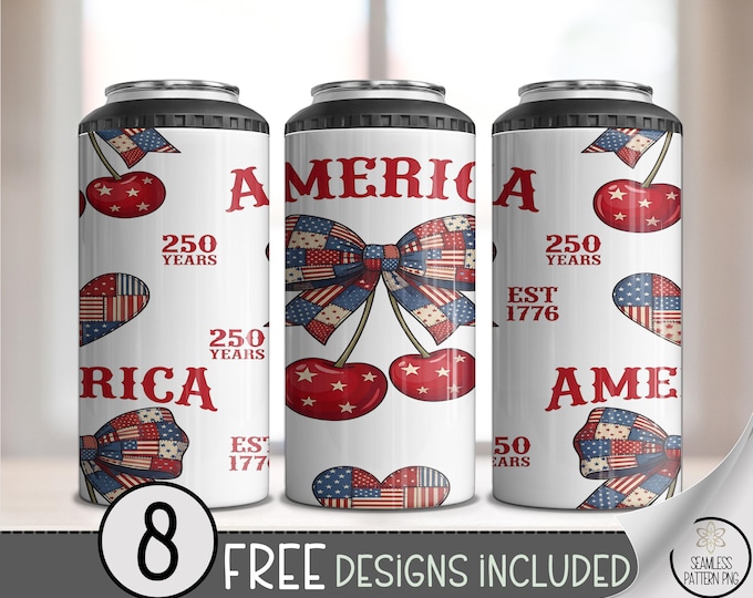 Patriotic Cherry 4-in-1 Can Cooler Wrap, Americana Sublimation Design, Vintage 16 oz File, Digital Download, B10170