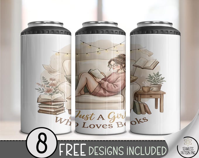 Just A Girl Who Loves Books PNG, Book Lover 4-In-1 Can Cooler Wrap, Bookworm Sublimation Design, Digital Download, B10025