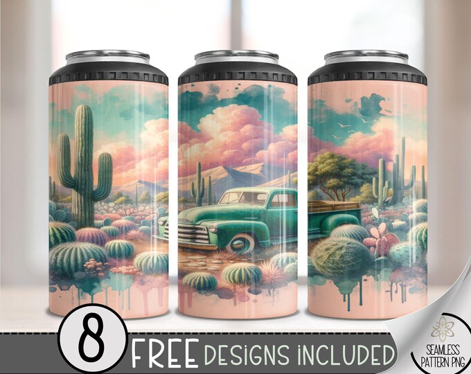 Rustic Vintage Truck 4 in 1 Can Cooler Wrap, Western 4in1 Tumbler PNG, Floral 16 Oz Can Cooler Sublimation Design, Old Truck Seamless File