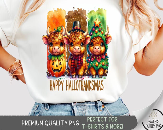 Happy Hallothanksmas T-Shirt PNG, Cute Highland Cow Sublimation Design, Hallothanksmas DTF Shirt Graphic, Vibrant TShirt File, 685