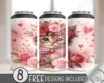Valentine Kitten 4 in 1 Can Cooler Wrap, Valentines Day Cat 4in1 Tumbler PNG, Seamless Cat Sublimation Design PNG,Cat Lover 16 Oz Can Cooler