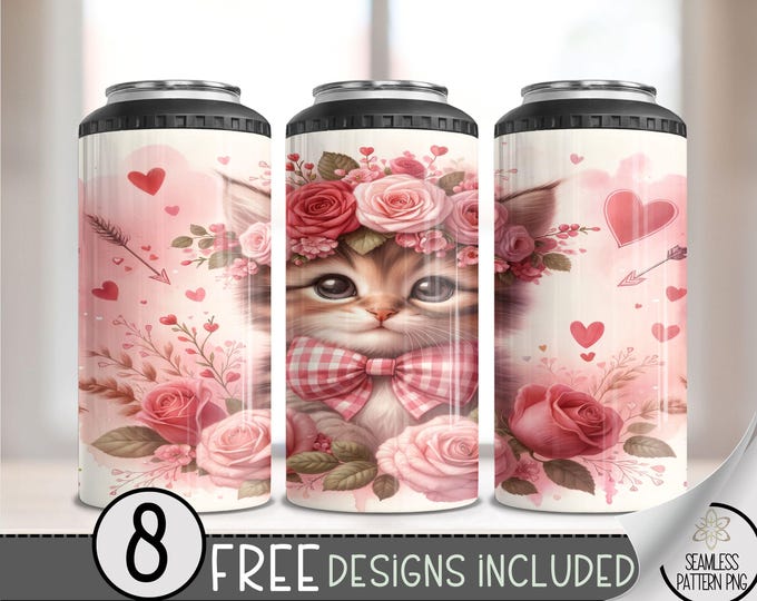 Valentine Kitten 4 in 1 Can Cooler Wrap, Valentines Day Cat 4in1 Tumbler PNG, Seamless Cat Sublimation Design PNG,Cat Lover 16 Oz Can Cooler