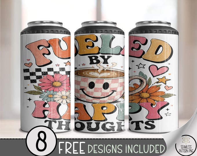Fueled by Happy Thoughts 4in1 Can Cooler Wrap, Coffee Sublimation Design, Digital Download, B10482