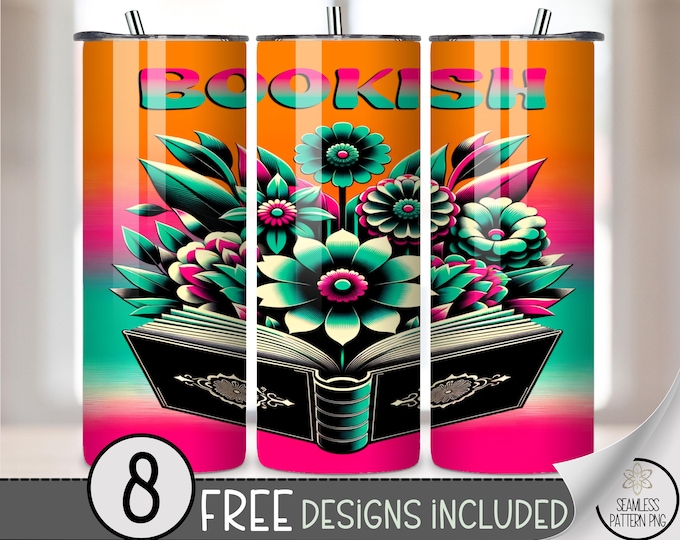 Bookish Tumbler Wrap PNG, 20 oz Bright Floral Book Sublimation Design, Neon Book Lover Wrap for Readers, Fun Librarian Design, A291
