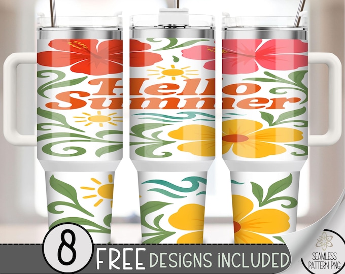Hello Summer 40 oz Tumbler Wrap PNG, Bold Tropical Floral Sublimation Design, Sunshine Retro Summer Cup Wrap for 40 OZ Tumbler Size, A246