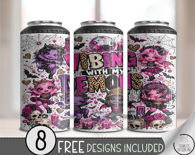 Spooky Demons 4-in-1 Can Cooler Wrap, Hot Pink Sublimation Design, Digital Download, B10436