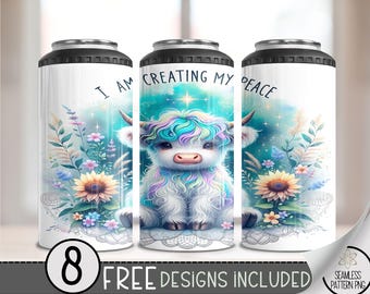 Cute Highland Cow 4 in 1 Can Cooler Wrap, Neon Watercolor 4in1 Tumbler PNG, Positive Affirmation 16 Oz Can Cooler Sublimation Design, Peace