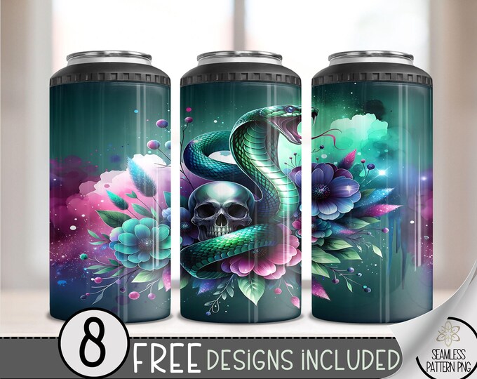 Gothic Skull And Floral 4 in 1 Can Cooler Wrap, Flower Snake 4in1 Tumbler PNG, Snake Skull 16 Oz Can Cooler Sublimation Design, Digital File