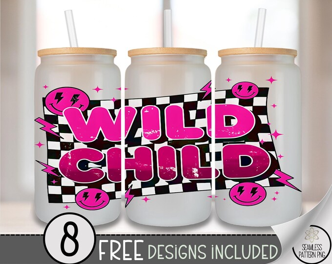 Wild Child Glass Can Wrap, Edgy Hot Pink 16Oz Tumbler Sublimation Design, Retro Checkerboard PNG, Digital Download, B705