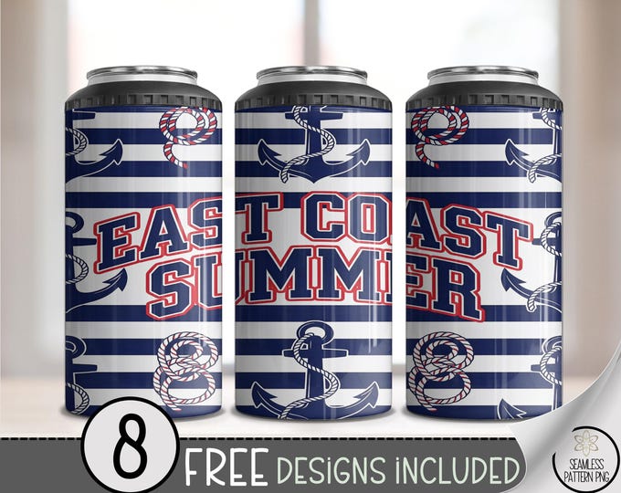 East Coast Summer 4-in-1 Can Cooler Wrap, Nautical Sublimation Design, Coastal 16 oz 4-in-1 File, Digital Download, B10215