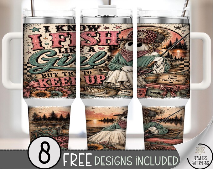 Ghost Girl Fishing 40oz Tumbler Wrap, Leopard Bandana Sublimation Design, Digital Download, B10521