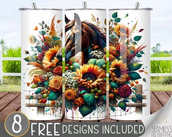 Brown Boho Horse Tumbler Wrap Design 20 oz Skinny Tumbler Sublimation Digital Download PNG Instant Digital, Farm Ranch Animal Tumbler Design