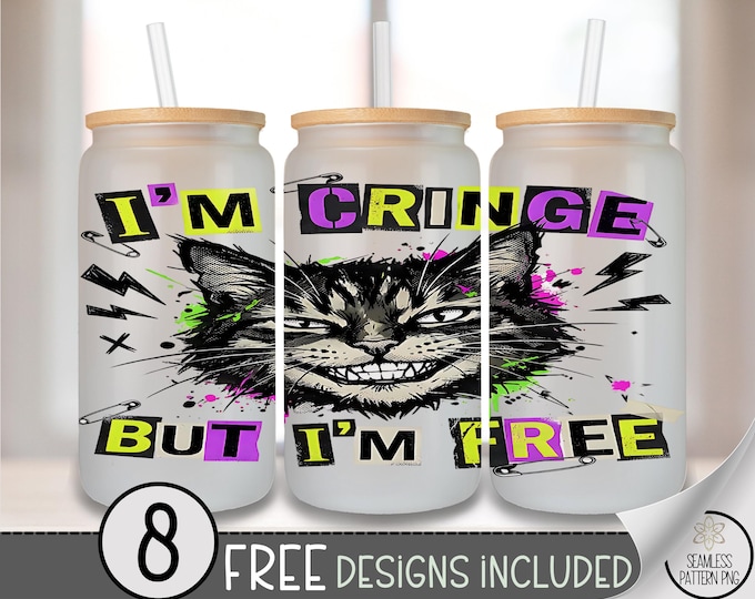 Cringe Cat Glass Can Wrap, Edgy Punk Graphics, Grunge Design, Unique Sublimation Design, B945