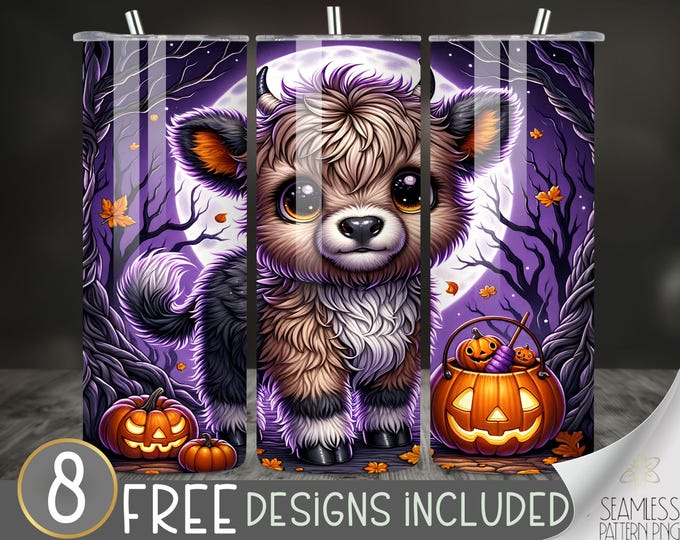 Halloween highland cow tumbler wrap, cute cow 20 oz skinny tumbler sublimation design, jack o lantern tumbler wrap, pumpkin tumbler design