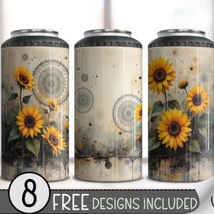 May include: Three insulated beverage holders with a sunflower design. The holders have a black top and bottom, with a cream-colored background. The design includes yellow sunflowers, green leaves, and a vintage-style compass rose.