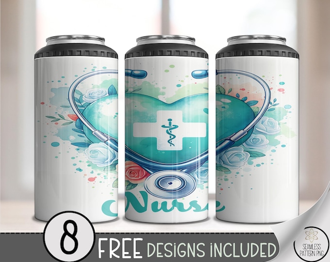 Nurse Appreciation 4in1 Can Cooler Wrap, Blue Heart Medical Sublimation Design, Pastel Watercolor 16 oz 4-in-1 File, Cute Feminine PNG A749