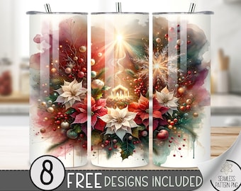 Christmas Tumbler Wrap, Xmas Tumbler PNG Wrap Sublimation Design, Religious 20Oz Tumbler File, Christian Tumbler Wrap, Floral Nativity Wrap