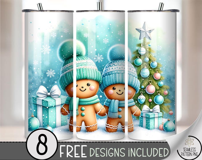 Teal Gingerbread 20 oz Tumbler Wrap: Christmas Sublimation Design for Skinny Tumblers, Festive Digital Download PNG Files A595